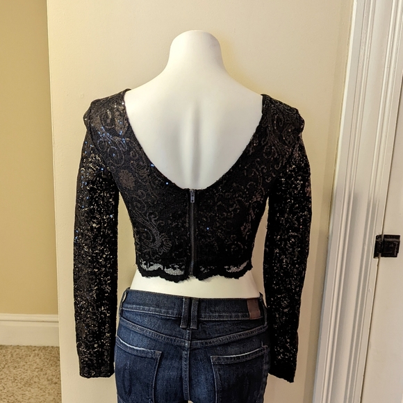 Jodi Kristopher black lace long sleeve sequin crop top size 1 - Picture 3 of 7